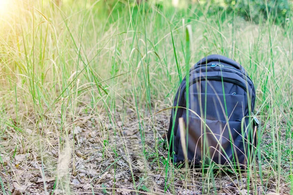 Urban backpack on the grass in summer. Hiking, outdoor activities concept.