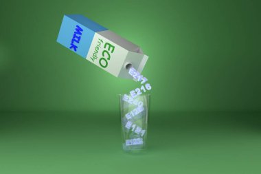 Greenwashing concept. Producer dishonesty. From a package of milk with the inscription eco, various harmful additives pour out E. Fraud, misleading buyers. Hide the truth about products. Presentation of harm as benefit.Eco friendly milk package on a 