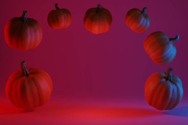 Frame of pumpkins on a red background. Place for text. Halloween advertising. 3D render.