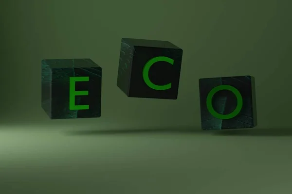Eco Word Green Cubes Green Background Render — Zdjęcie stockowe