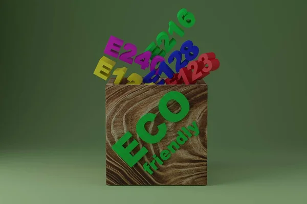 Greenwashing Concept Wooden Box Inscription Eco Harmful Additives Poured Green — Stock Photo, Image