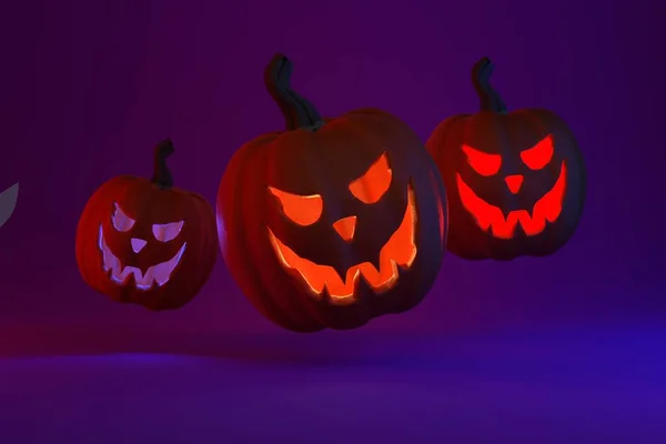 Sinister glowing halloween pumpkins levitate on a purple background. 3D render.