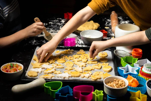 Making Cookies Children Cookies Different Shapes Laid Out Baking Tray — Stock Photo, Image