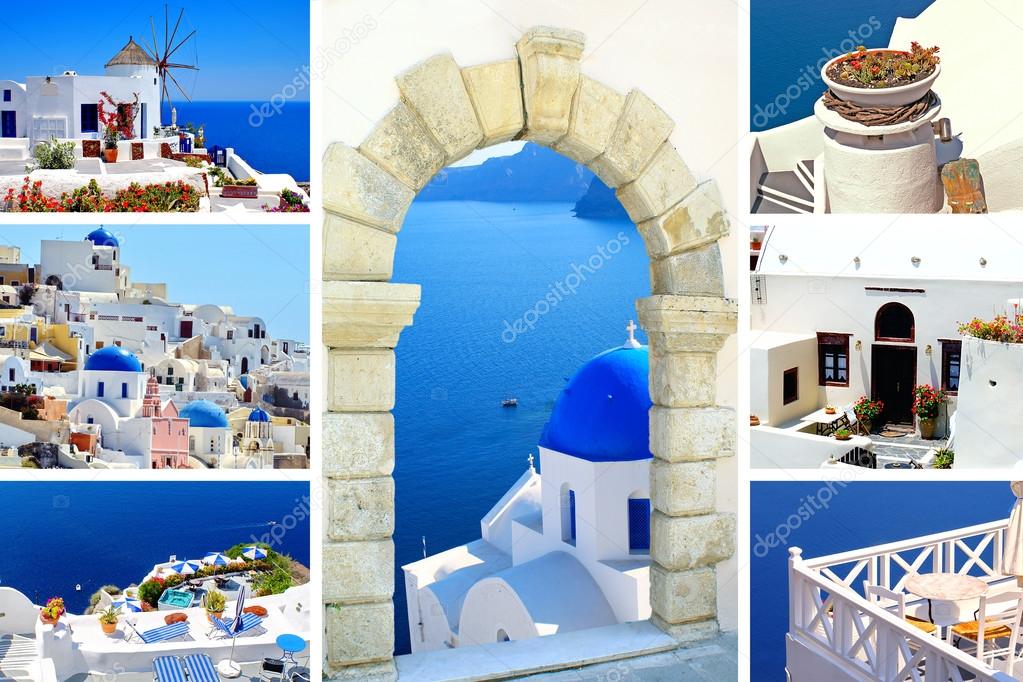 Collage of summer photos in Santorini island, Greece