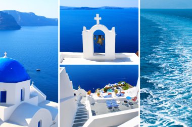 santorini Island, Yunanistan yaz fotoğrafları kolaj bir