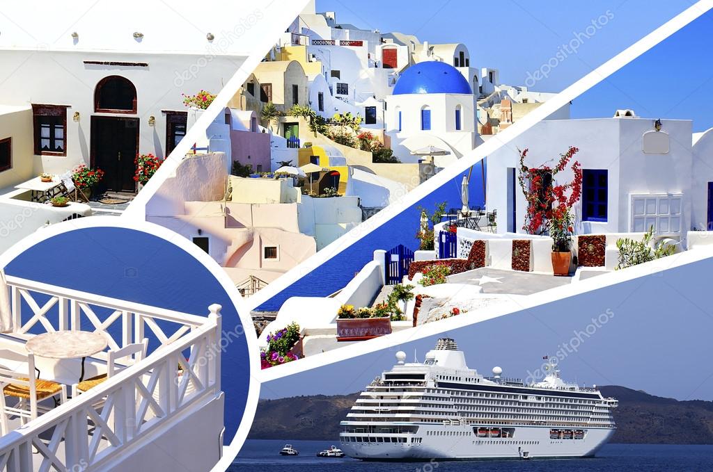 Collage of summer photos in Santorini island, Greece