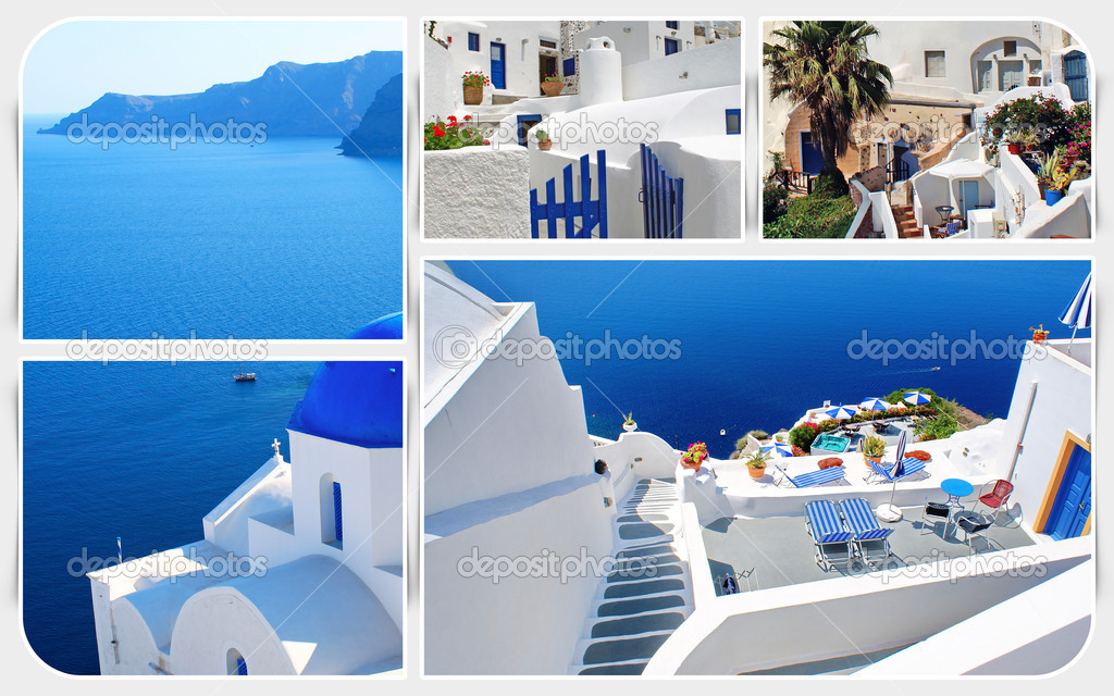 Collage of summer photos in Santorini island, Greece