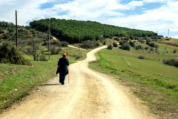 Paisagem de campo de grama verde com nuvens fantásticas no backgro — Fotografia de Stock