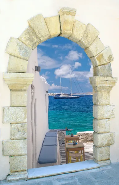 Beautiful beach through the old castle in Greece — Stock Photo, Image