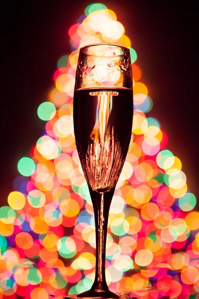 Champagne glass silhouette against christmas tree bokeh — Stock Photo, Image