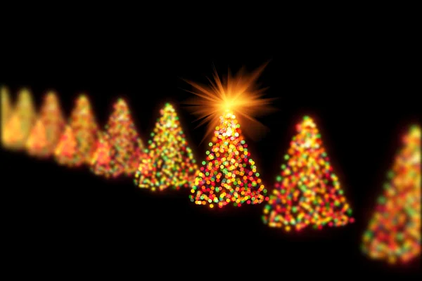 Árboles de navidad bokeh luces en una fila —  Fotos de Stock