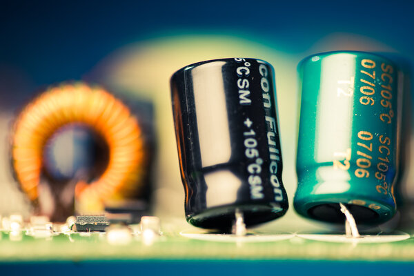 electronic components on a printed circuit board, shallow depth of field