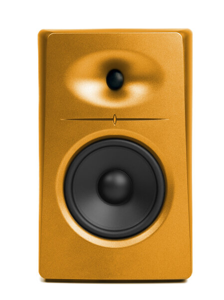 Golden audio speaker (sound studio monitor), isolated on white