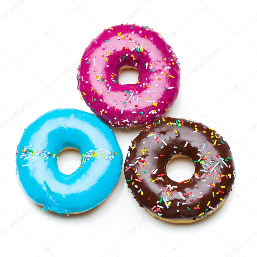 three color donuts, isolated on white