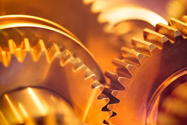 Golden gear wheels, close-up — Stock Photo, Image