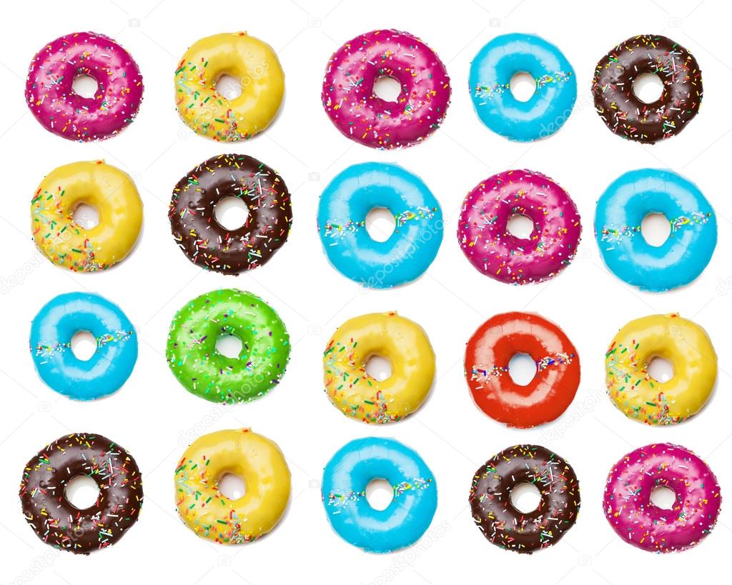 tasty colorful donuts background, isolated on white