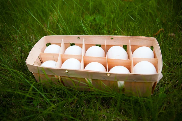 Ovos em uma cesta de vime, fundo de grama verde — Fotografia de Stock