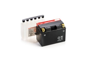 Vana düzenlenmiş kurşun asit şarjlı batarya elektrolit paketi, beyaz üzerinde izole.