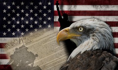 Bald eagle and the silhouette of the statue of liberty and the Marine Corps War Memorial monument with some historical documents on the american flag clipart