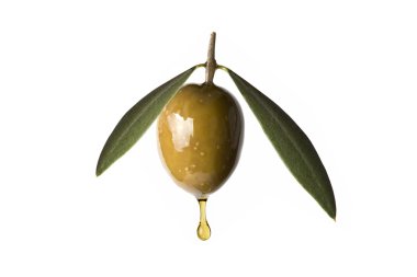 Green olive with a drop of oil falling. clipart