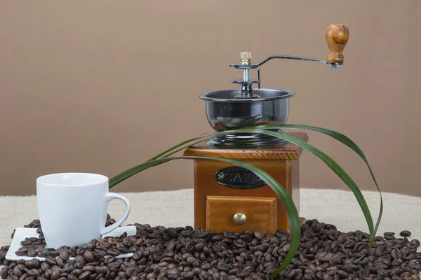 Coffee grinder and cups on some bean — Stock Photo, Image