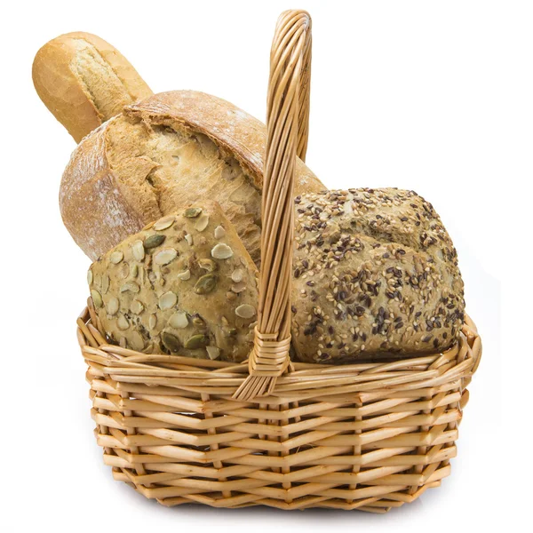 Mand met een geïsoleerd op wit brood-assortiment — Stockfoto