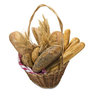 sepet beyaz izole bir ekmek ürün çeşitliliği ile