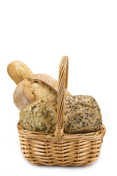 Basket with a bread assortment isolated on white — Stock Photo, Image