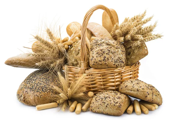 Basket with a bread assortment isolated on white — Stock Photo, Image