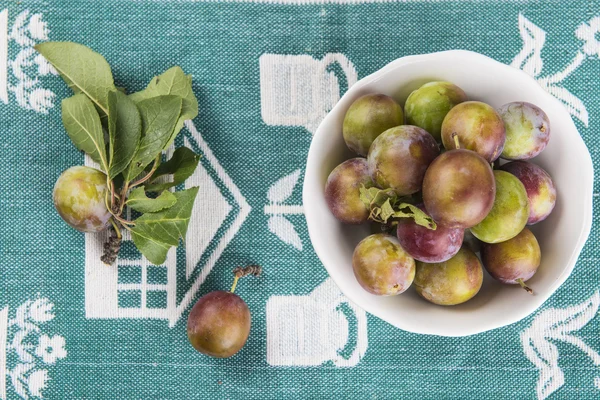 Cuenco de frutas con ciruelas verdes — Foto de Stock