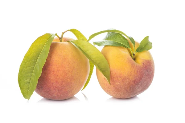 Peaches with leaves isolated on white background — Stock Photo, Image