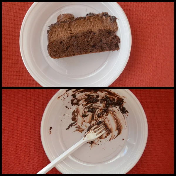 Antes e depois, fatia de bolo de chocolate — Fotografia de Stock