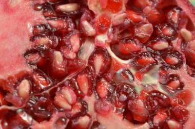 Nar tohumları, yarım meyve, vitamin ve sağlıklı beslenme konsepti..