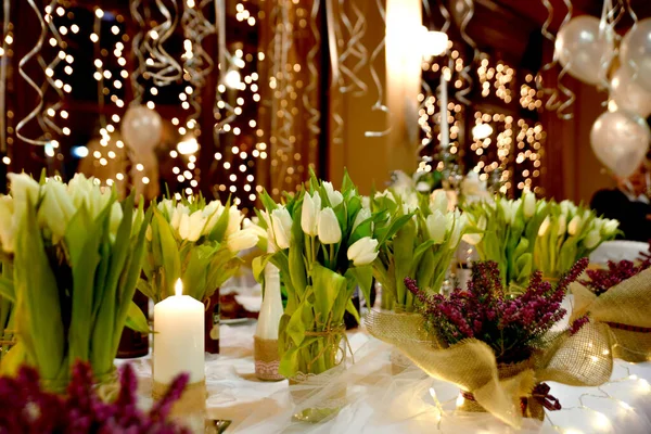 Restaurant Table Setting Tulips Candle — Stock Photo, Image