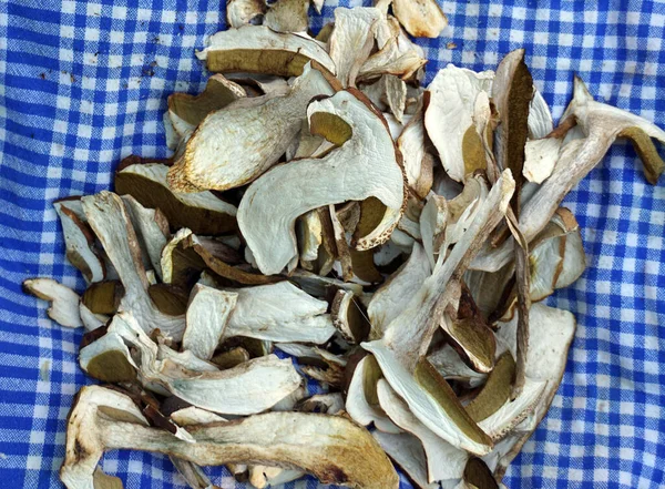 Dried Mushrooms Cloth Napkin Mushrooms Peeled Cut Pieces — ストック写真