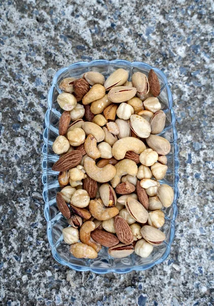 Mix Various Salted Nuts Glass Bowl — Stock Fotó