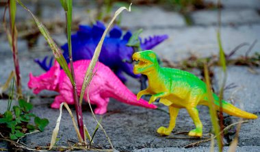 Arka bahçede çekilmiş plastik dinozor oyuncağı..