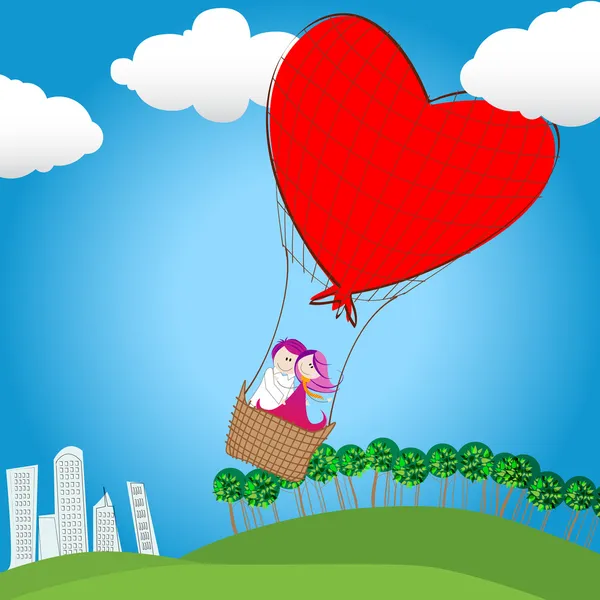 Cute couple in love flying away on a hot air balloon — Stock Vector