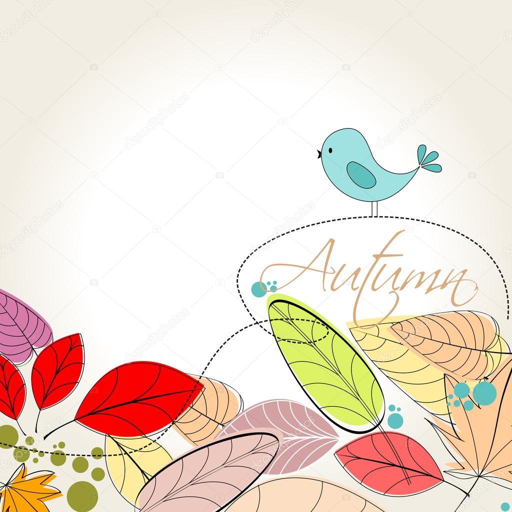 Colorful autumn leaves and bird illustration