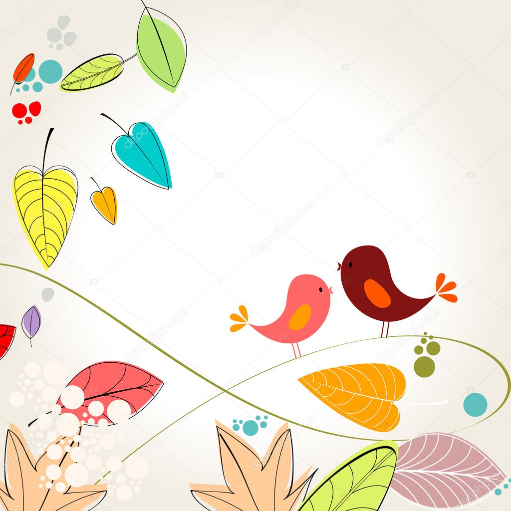 Colorful autumn leaves and birds illustration