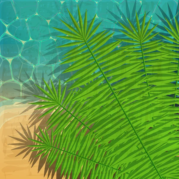 Vintage yaz illüstrasyon okyanus, plaj ve palmiye yaprakları ile — Stok Vektör