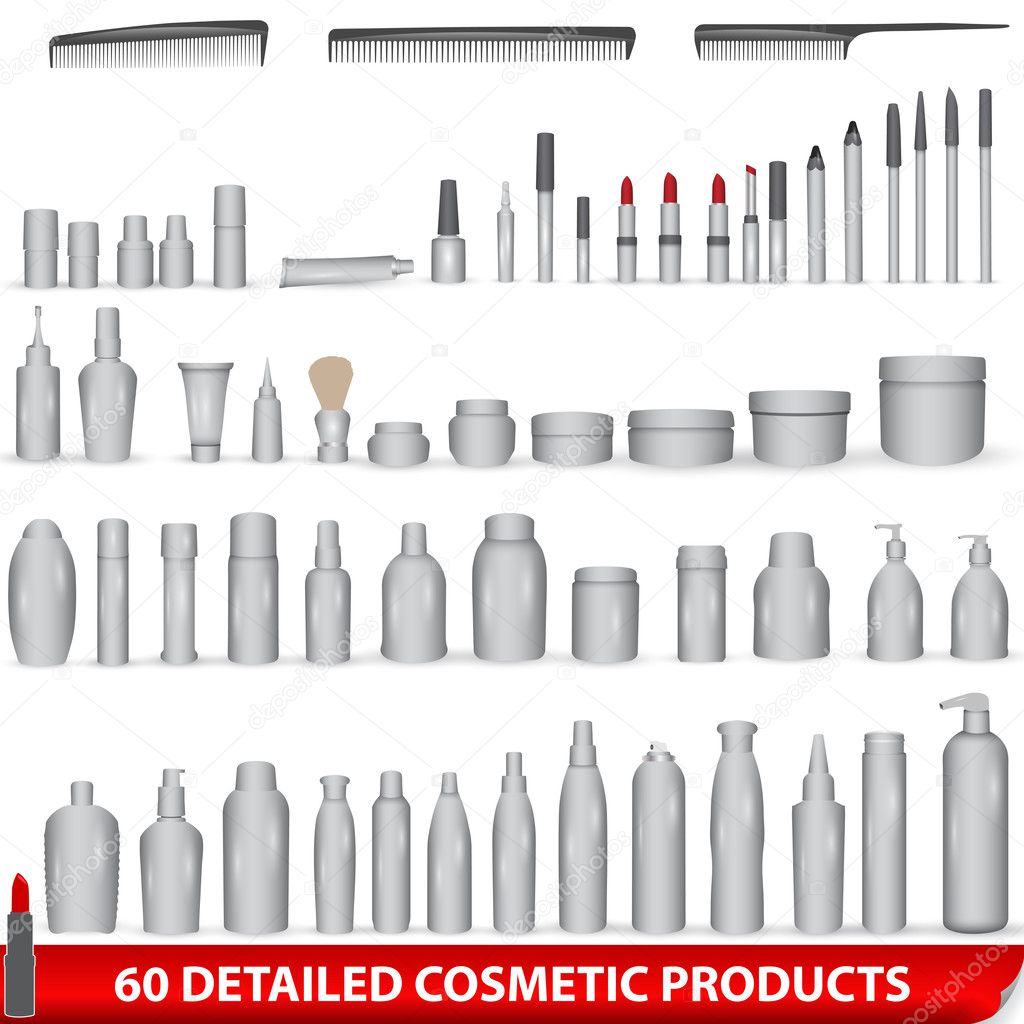 Large set of white, blank cosmetic product packages