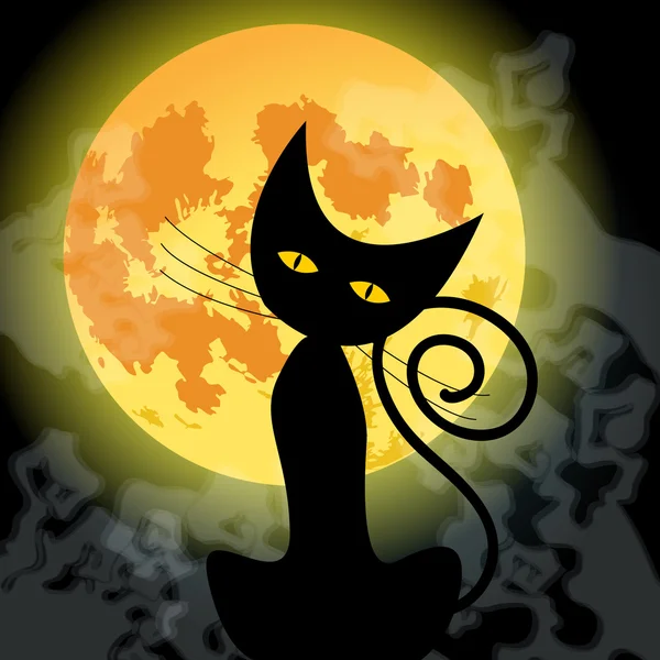 Carino Halloween gatto nero e luna piena — Vettoriale Stock