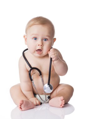 Sweet baby with stethoscope on a white background. Adorable baby clipart