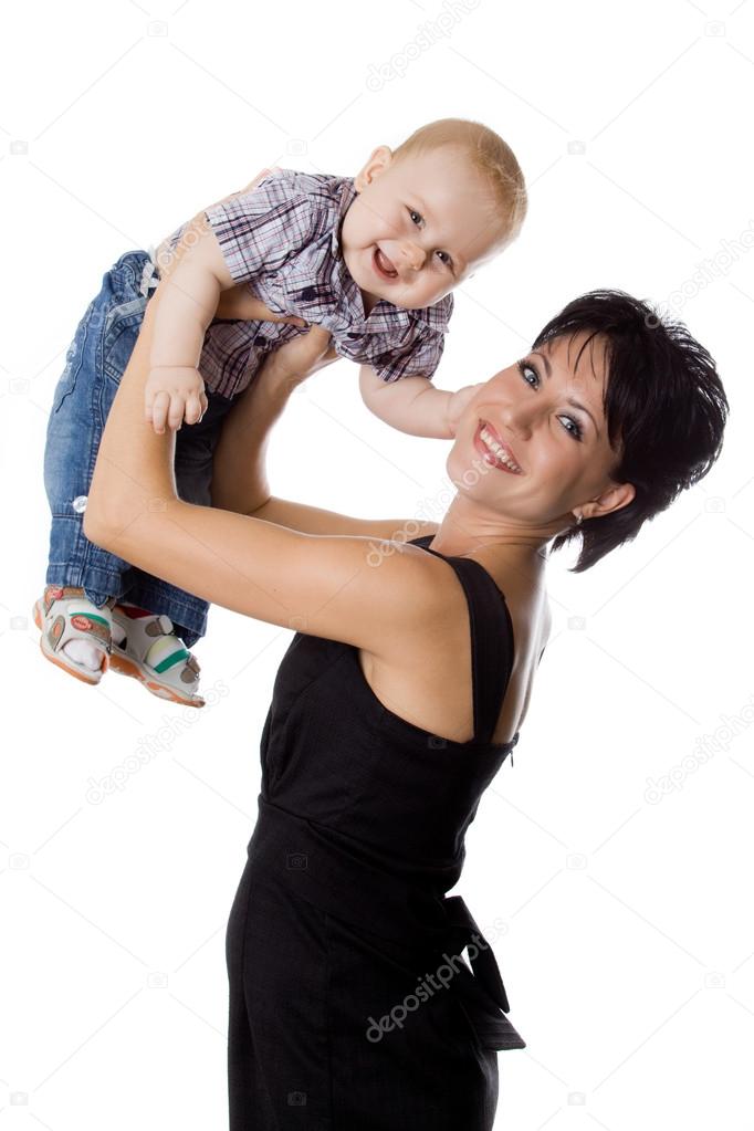 Beautiful happy mather with attractive baby boy on white. Portra