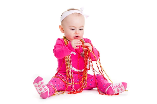 Niña jugando con cuentas. Hermosa niña. Bebé feliz —  Fotos de Stock