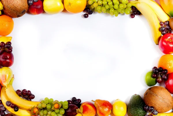 Border or frame of colorful fruits. Assortment of exotic fruits, isolated on white background. — Stock Photo, Image