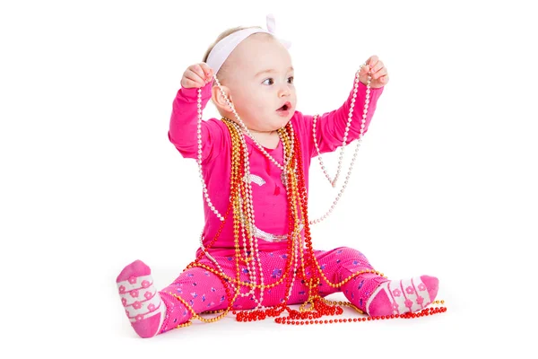 Niña jugando con cuentas. Hermosa niña. Bebé feliz — Foto de Stock