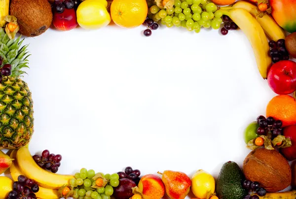 Border or frame of colorful fruits. Assortment of exotic fruits, isolated on white background. — Stock Photo, Image