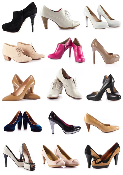 Collection of female shoes over white. female footwear — Photo